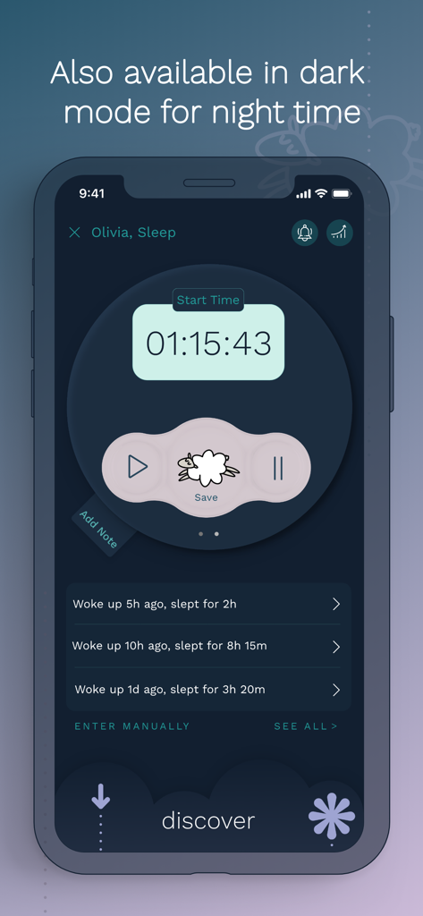Interfaccia in modalità scura di Cubtale baby tracker che mostra il timer del sonno del bambino e la cronologia del sonno