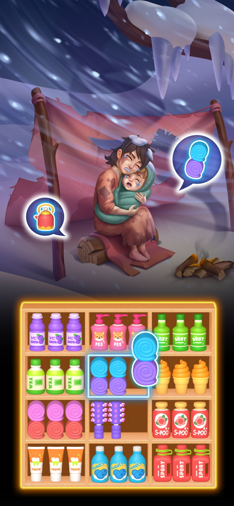 Sort Mania Goods Master gameplay featuring a 3D goods sorting puzzle and a narrative scene with a mother and child in the snow
