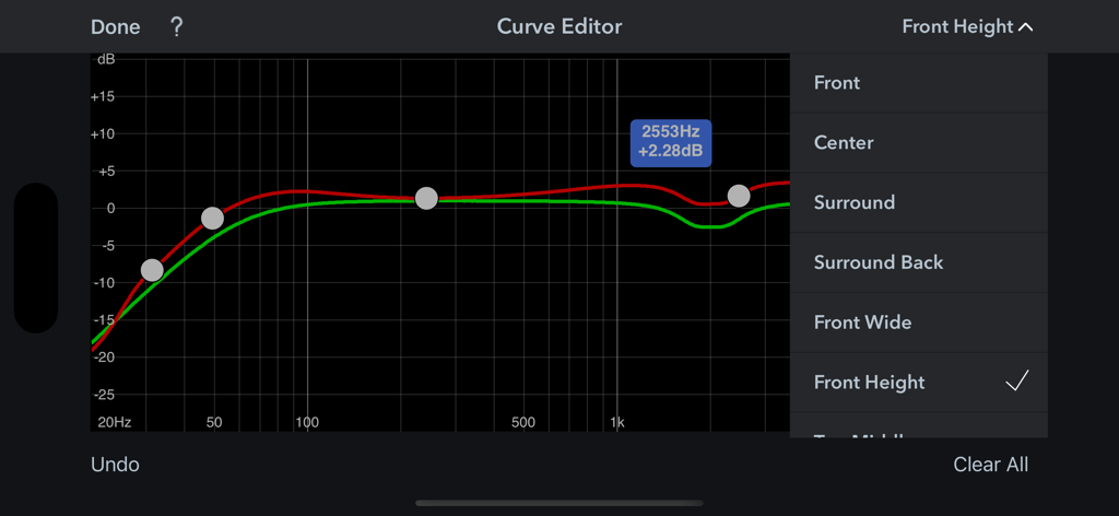 Audyssey MultEQ Editor app screen showing frequency response curve editing for home theater speakers