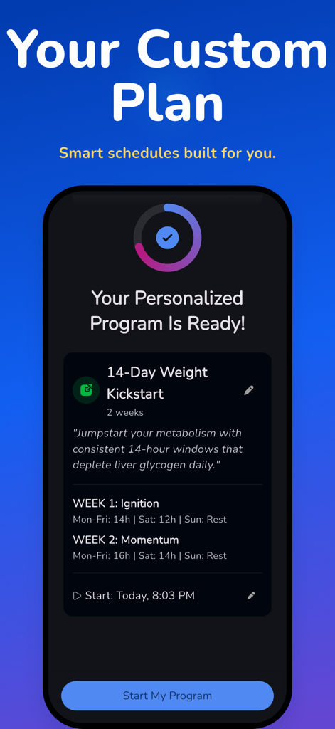Interface of the Easy Fast app showing a personalized 14 day weight kickstart fasting plan.