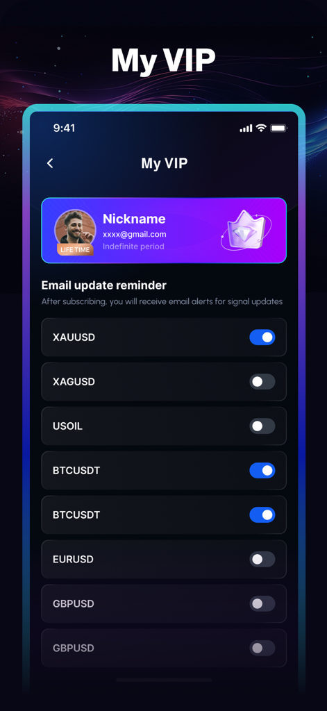 TradingTop app screen for managing VIP trading alerts