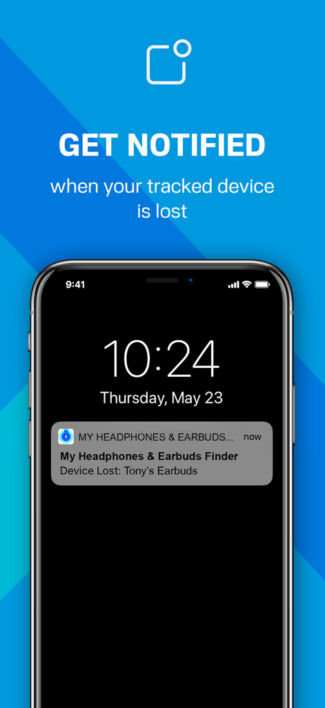 Find My Phone & Device - Pantalla de bloqueo de iPhone mostrando una alerta de notificación de un auricular Bluetooth perdido desde la aplicación 'Encuentra Mi Teléfono'
