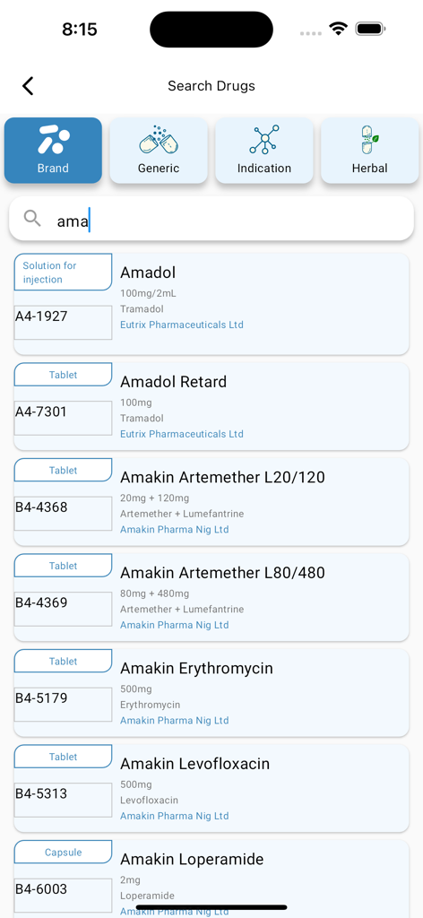 EMDEX Reference - EMDEX Referenceアプリの画面。AmadolやAmakinなどの医薬品ブランド名の検索結果が表示されます。