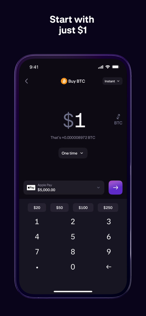 Kraken: Buy Crypto & Stocks - Un'interfaccia mobile di Kraken che mostra un acquisto di Bitcoin da un dollaro tramite Apple Pay.