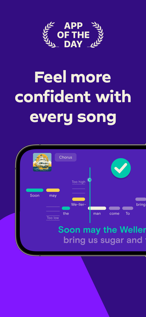 Simply Sing: My Singing App - Simply Sing app interface showing real-time pitch tracking and visual feedback for a song.