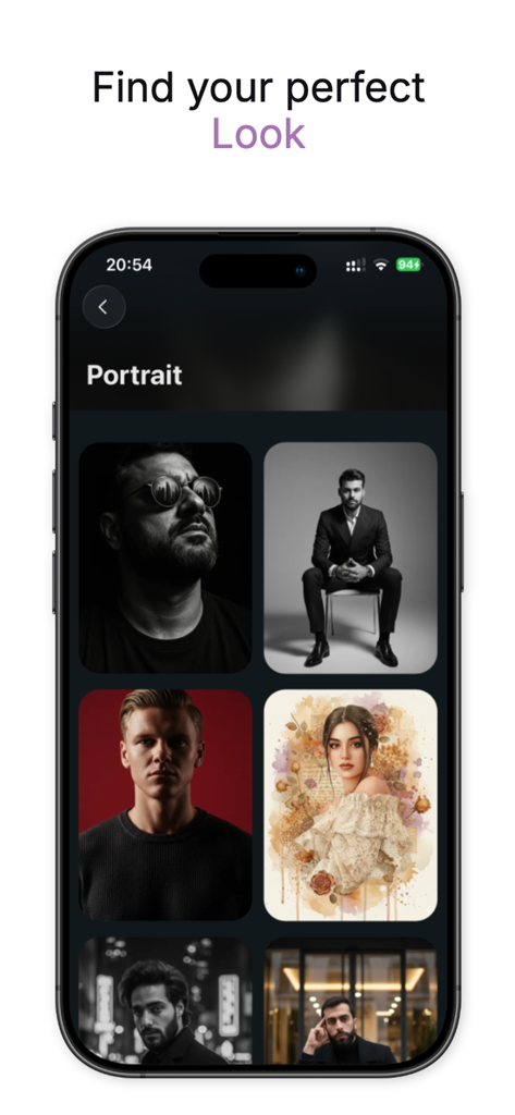 Bose - AI Photo Generator - Bose AI Photo Generator app interface showing a variety of professional and artistic portrait styles including corporate and fashion looks