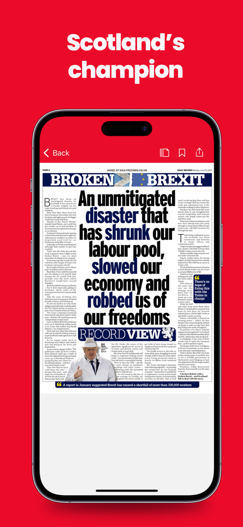 Daily Record newspaper app displaying a digital replica news article on a smartphone.