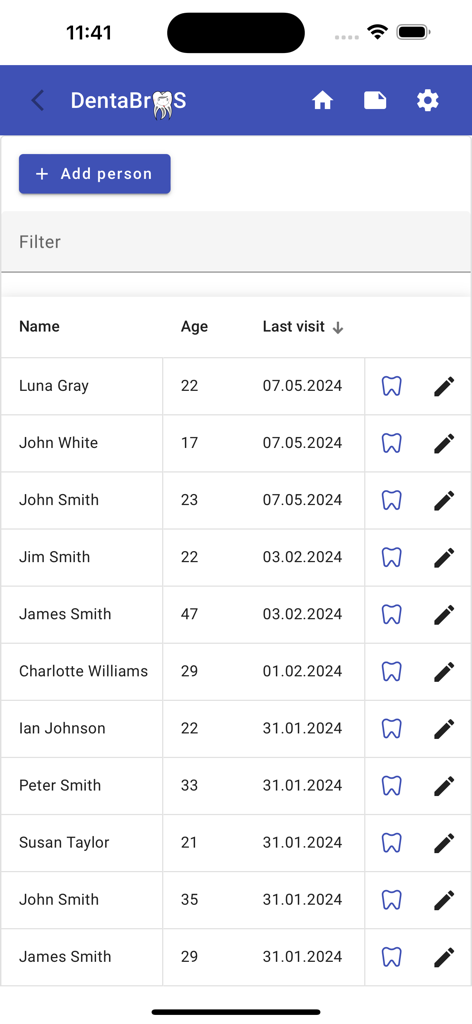 Dentabros - Dental Software - 이름, 나이, 마지막 방문 날짜를 표시하는 DentaBros 치과 관리 앱의 환자 목록