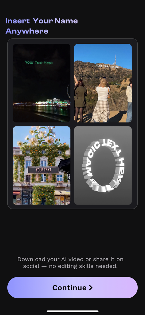 CGI Video Ads Maker - VFX Ads - ハリウッドサインやネオンライトのテンプレートを含む、バイラルマーケティング広告用のテキストカスタマイズオプションを表示するCGI動画アプリインターフェース