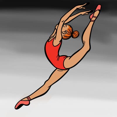 gymnast doing a leap in a leotard with a bent back leg