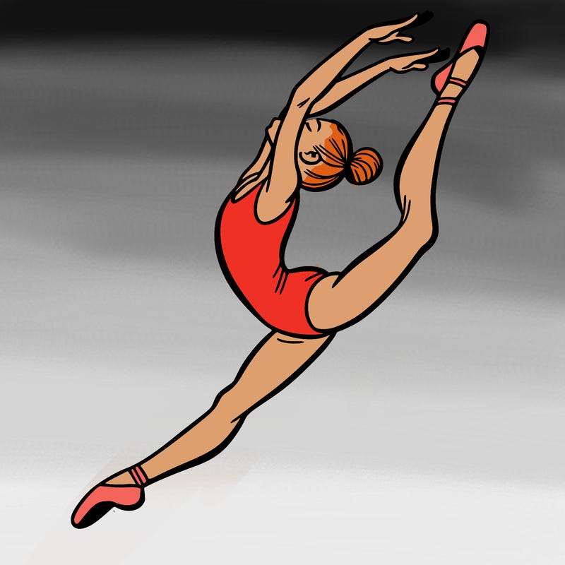 gymnast doing a leap in a leotard with a bent back leg