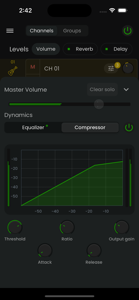 StageWave - StageWave app interface displaying professional audio compressor settings with a dynamics graph and control knobs