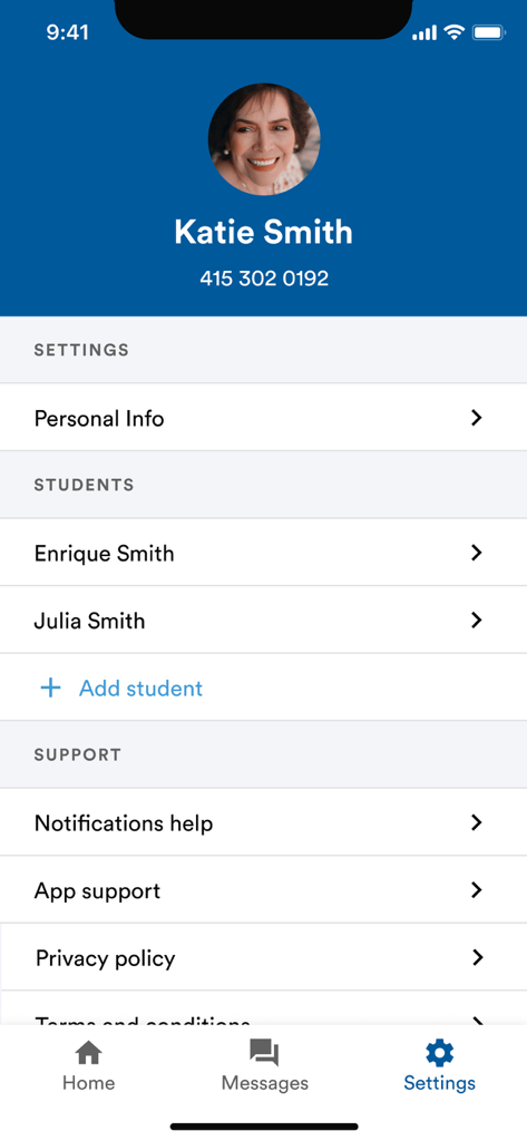 Settings screen of the TalkingPoints app showing a parent profile and student management list.