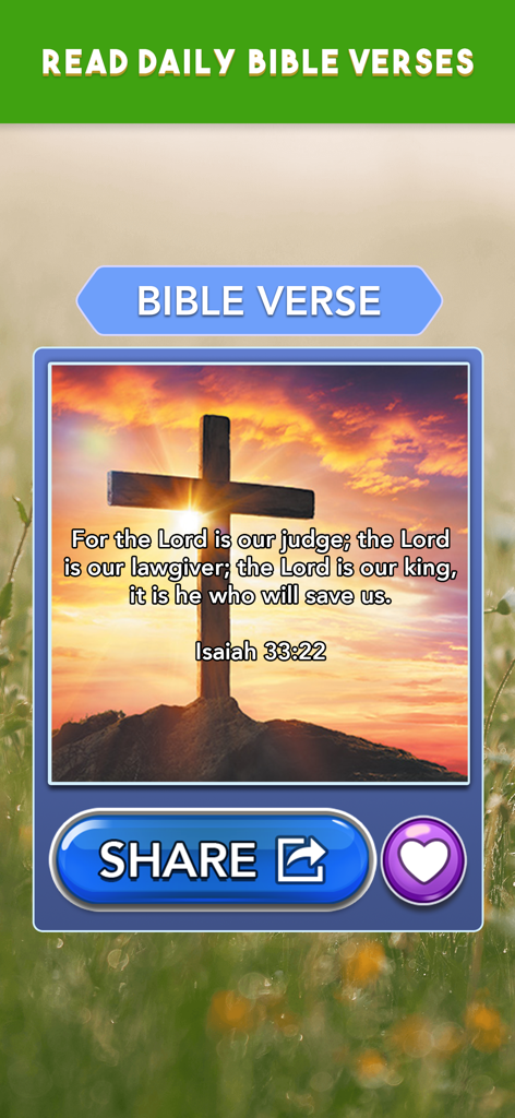 Daily Bible Trivia: Quiz Games - Daily Bible Trivia app screen displaying a scripture verse from Isaiah with a cross at sunset