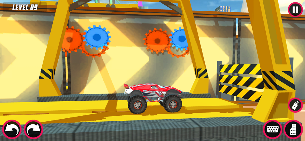 Monster Truck Stunts Car Games - Red monster truck navigating an industrial stunt track with giant gears.