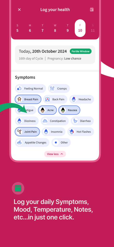 Cylo - Period & Cycle Tracker - Cylo 앱 인터페이스, 경련, 피로, 여드름 아이콘과 함께 일일 건강 증상 기록 표시