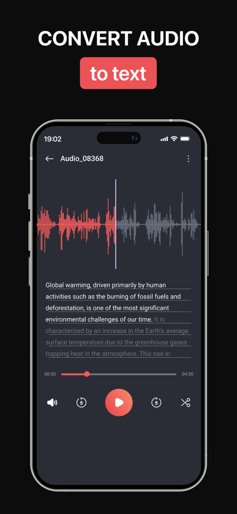 Audio Recorder & Voice To Text - iPhone screen showing AudiSum app converting audio recording of a global warming speech into text with a visible waveform display.