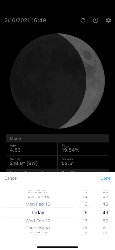 Minimalist app interface showing a waxing crescent moon and lunar position data