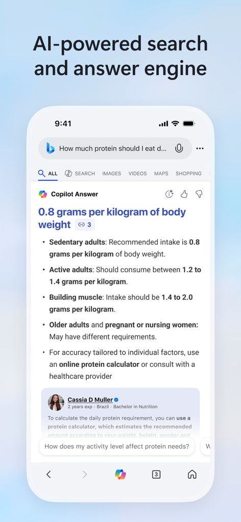Interfaccia di Microsoft Bing Search che mostra una risposta basata sull'IA di Copilot per una query sull'assunzione di proteine