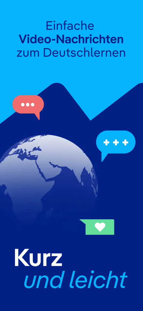 Gráfico promocional de la aplicación DW Learn German con un globo terráqueo y texto sobre el aprendizaje de alemán a través de noticias en vídeo