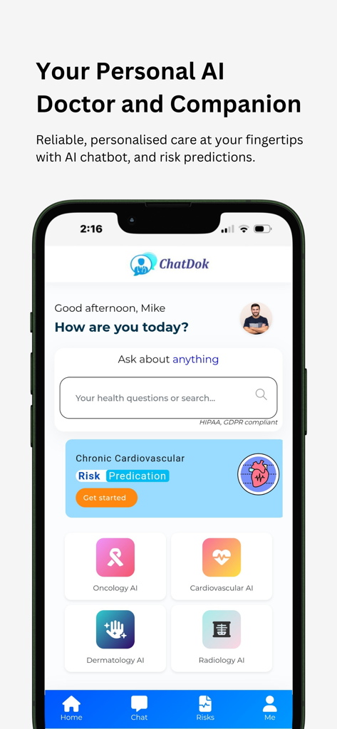 Chatdok - ChatDok mobile app interface featuring an AI health assistant search bar and specialized medical modules for Oncology, Cardiology, Dermatology, and Radiology.