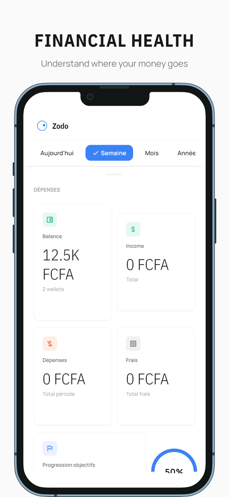 Zodo - Interfaz de la aplicación móvil Zodo que muestra un panel minimalista de salud financiera con seguimiento de gastos y saldos.