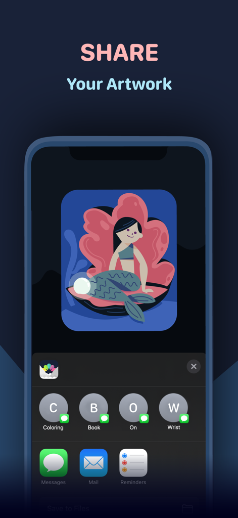 iPhone screen showing options to share a colored mermaid illustration from the Coloring Watch app.