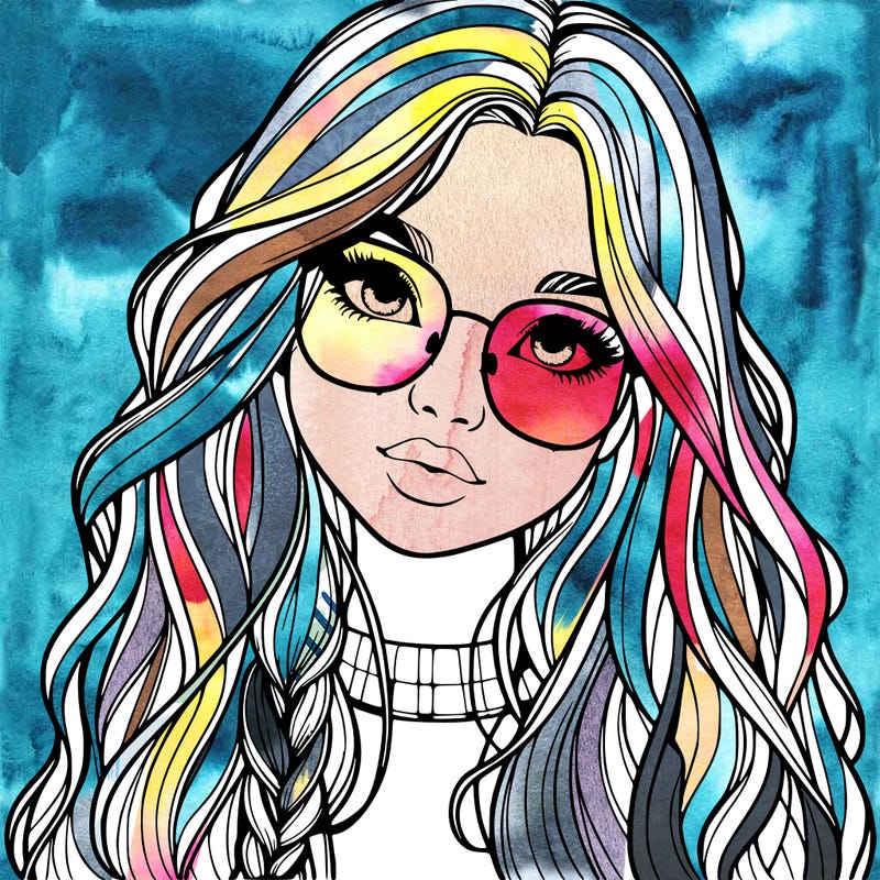 girl with long hair and freckles and glasses realistic