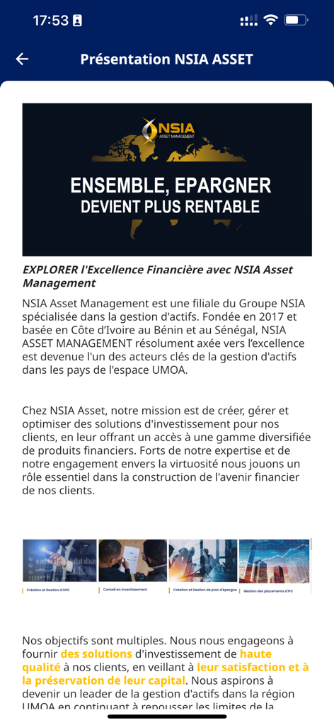 NSIA INVEST - Presentation screen of NSIA Asset Management in the app explaining investment services and mission in West Africa
