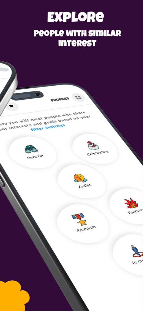 Olosho app interface showing profile search filters based on interests