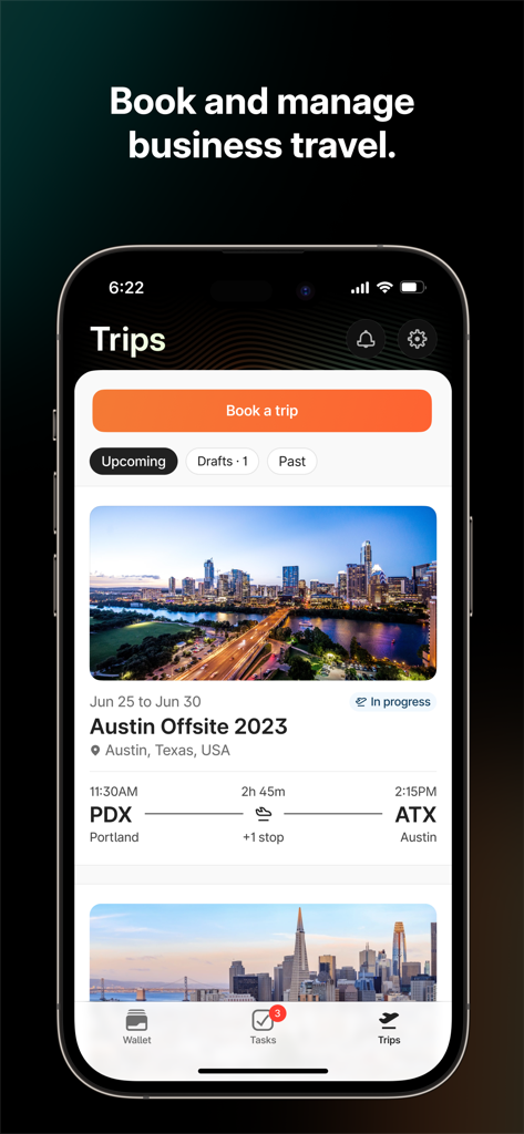 Mobile app screen for Brex showing business travel management with a trip to Austin and a button to book a trip