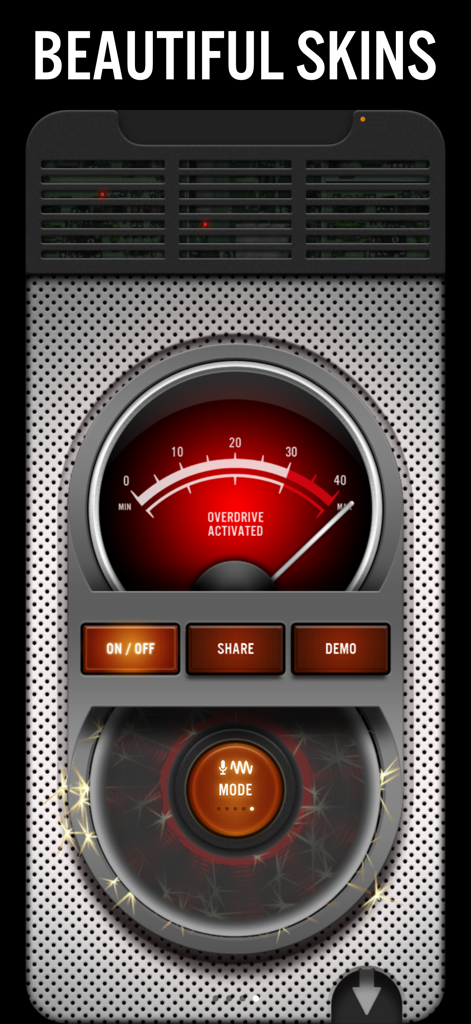 Blower - Blower app interface showing a red overdrive meter and custom industrial skin