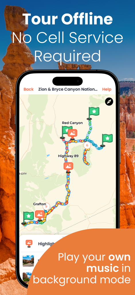 Smartphone displaying an offline GPS tour map of Zion and Bryce Canyon National Parks.