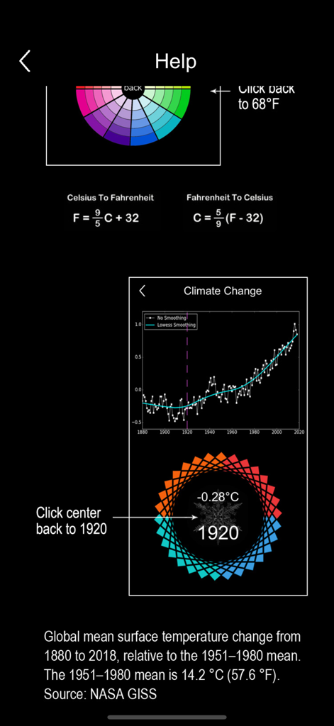 Tela de ajuda mostrando fórmulas de conversão de temperatura e gráfico de mudanças climáticas globais