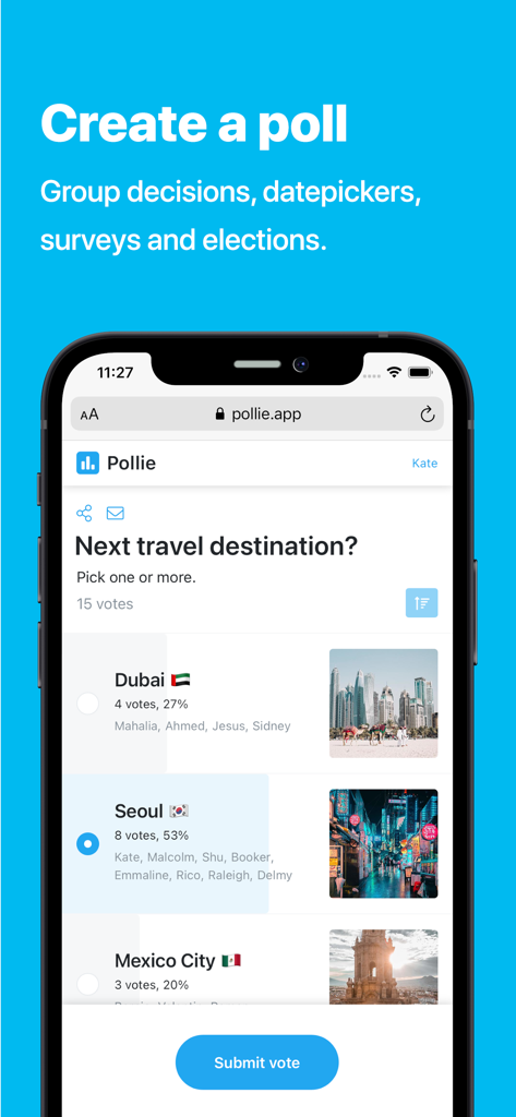 Pollie: Create Polls - Mobile screen showing the Pollie app with a travel destination poll including images and voting results