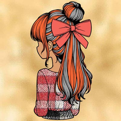 realistic girl  with hip length hair a bun and a big bow on the back of head