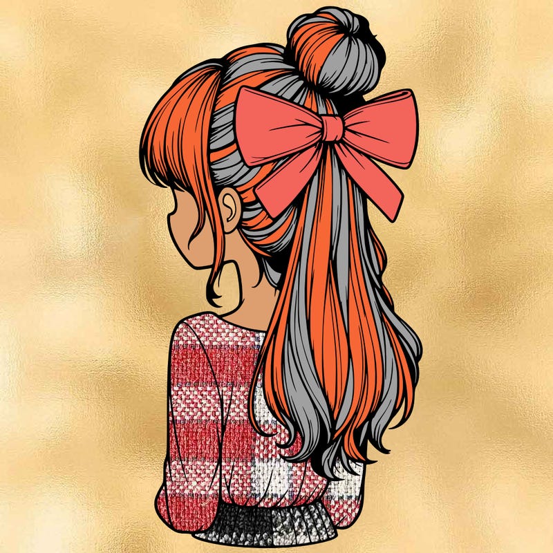 realistic girl  with hip length hair a bun and a big bow on the back of head