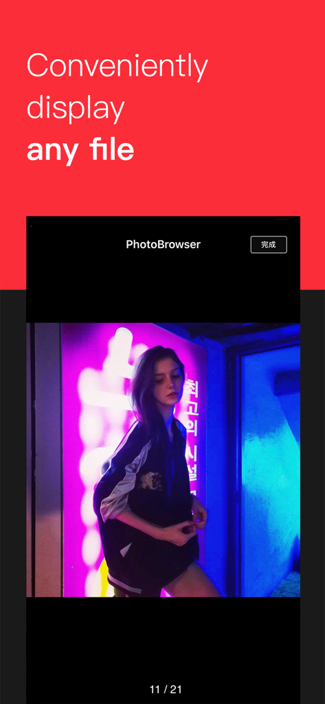 iConv - Video & PDF Converter - iConvアプリのスクリーンショットに、統合ファイルブラウザで表示されている写真と、「あらゆるファイルを便利に表示」というテキストが表示されている
