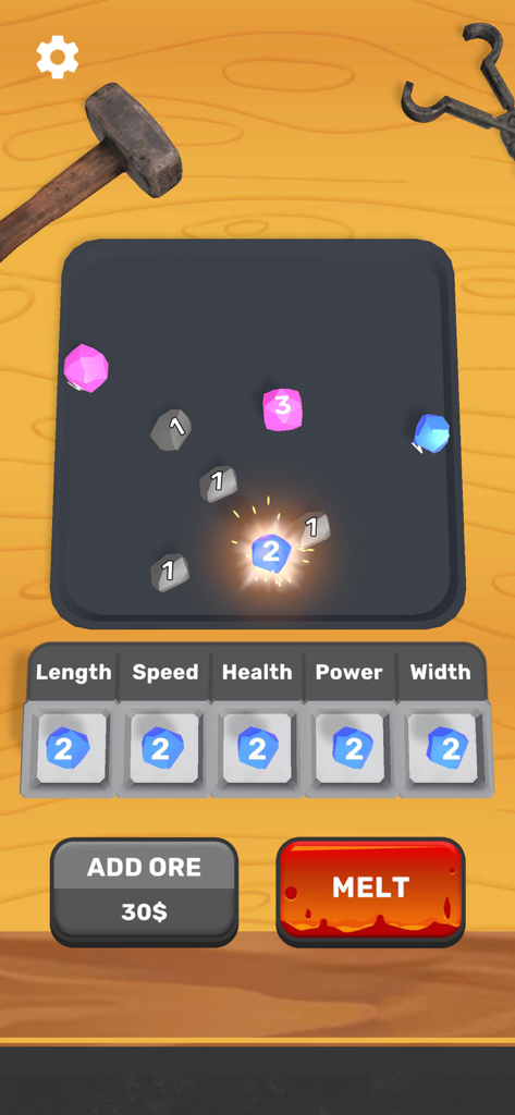 Sword Melter gameplay interface showing ore merging and sword attribute upgrades