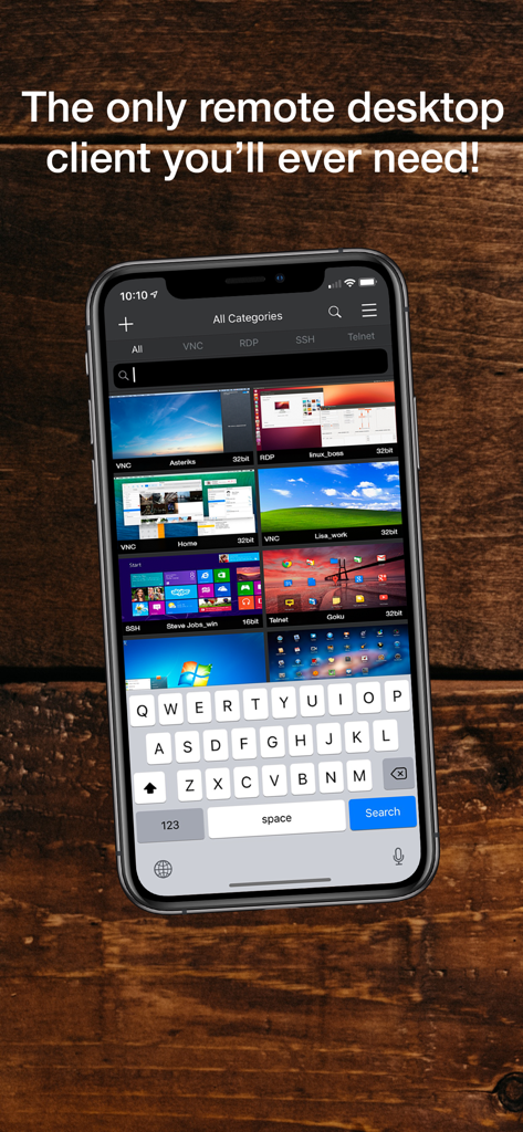Pantalla de smartphone mostrando una cuadrícula de conexiones de escritorio remoto para los protocolos VNC, RDP y SSH sobre un fondo de madera
