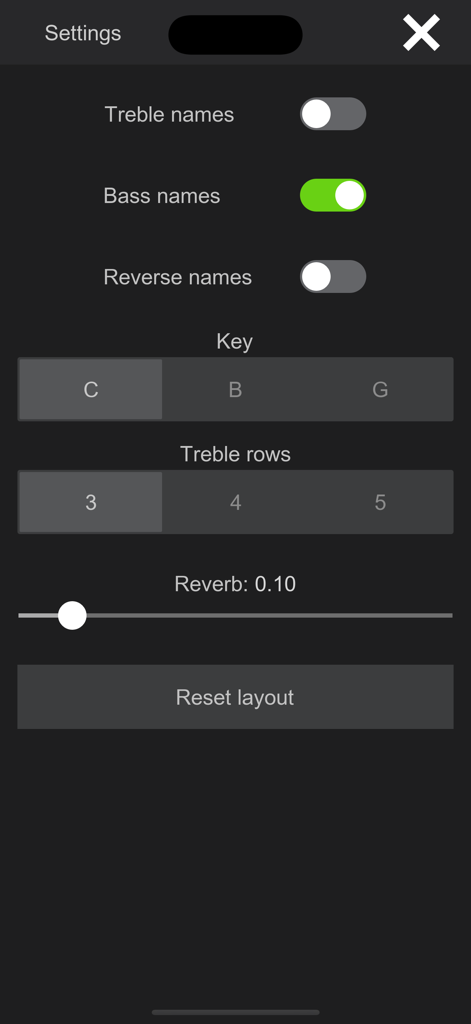 Button Accordion - Tela de configurações do aplicativo Acordeão de Botões mostrando opções para tonalidades musicais, fileiras de agudos e reverb de áudio.