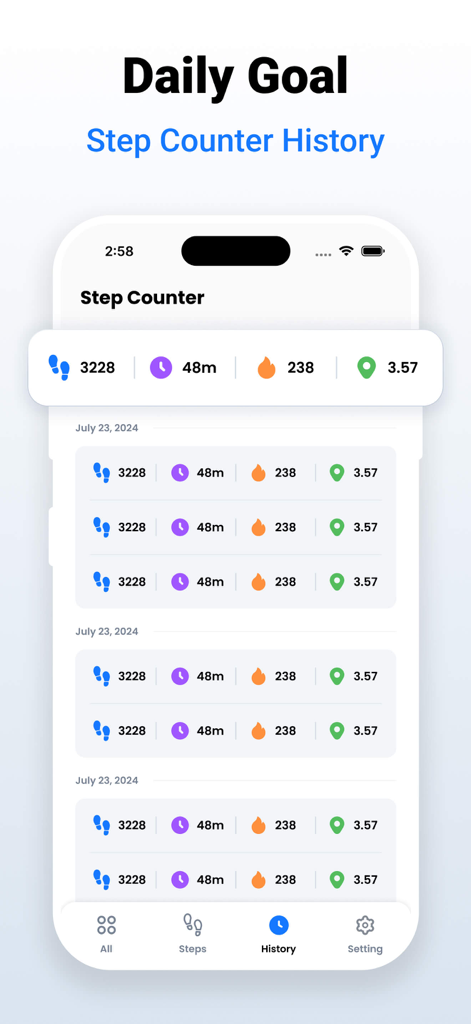 Pedometer – Step Counter - Pedometer app history screen showing daily steps time calories and distance