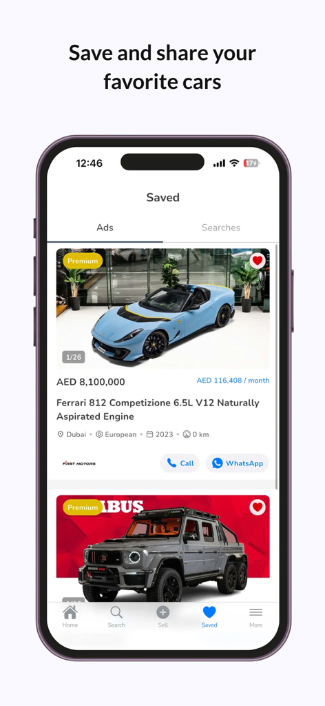 DubiCars | Used & New Cars UAE - DubiCars app screen showing saved favorite luxury cars including a Ferrari and a Brabus SUV