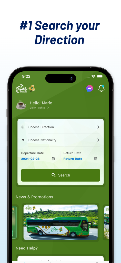 Larryta Bus - Interface of the Larryta Bus app showing options to search for directions, select dates, and book bus travel in Cambodia