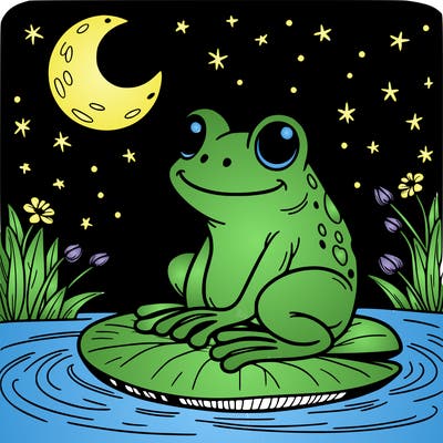 frog sitting on a lily pad at night