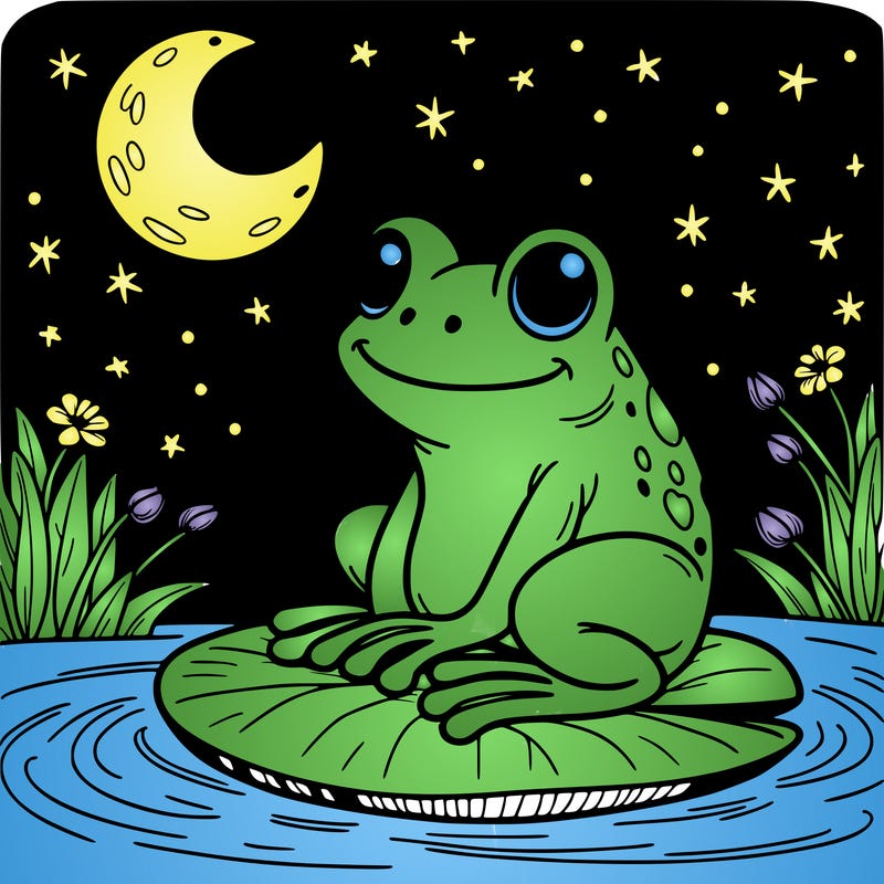 frog sitting on a lily pad at night