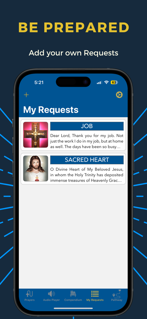 My Rosary (Audio) - My Rosary 앱 인터페이스, 개인 기도 요청 및 지향 목록 표시