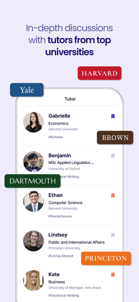 Ringle - 1:1 Online English - Interface de l'application Ringle présentant des tuteurs d'anglais d'universités prestigieuses comme Harvard, Yale et Princeton