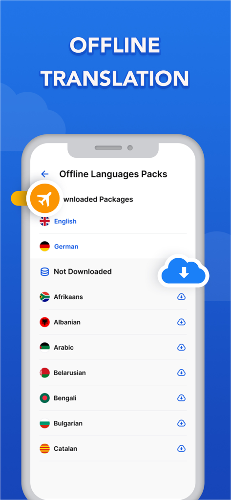 Translator - Voice & Text - Oberfläche einer Übersetzungs-App, die eine Liste von herunterladbaren Offline-Sprachpaketen anzeigt
