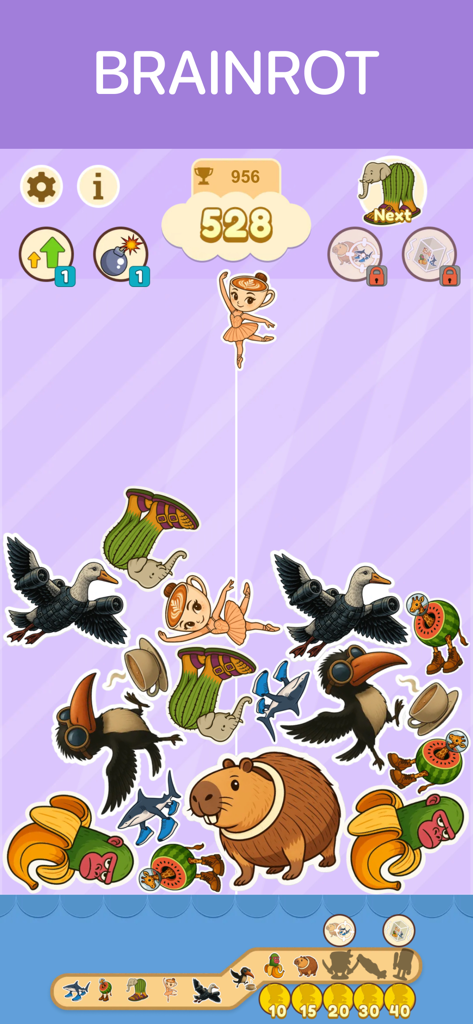Jugabilidad del puzzle de fusión Brainrot con peculiares personajes de dibujos animados.